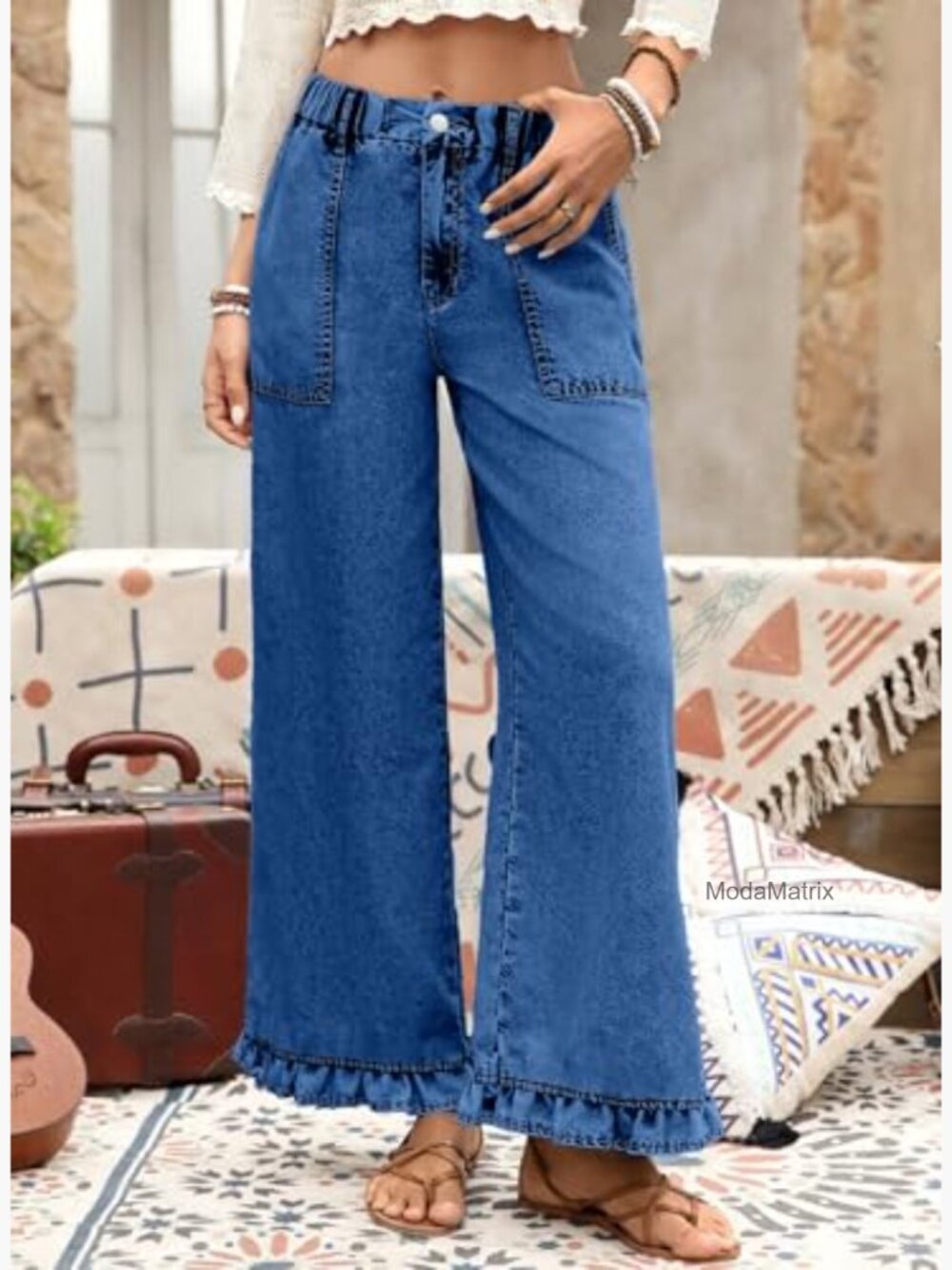 High Waisted Wide Leg Jeans with Ruffle Hem Stretch Denim Pants - Picture 2 of 6